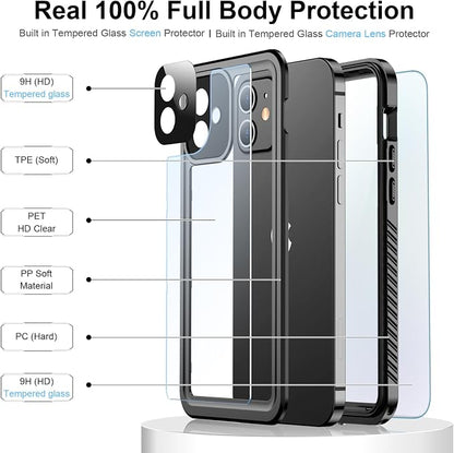 Temdan for iPhone 12 Case for iPhone 12 Pro Case, [12 FT Military Grade Drop Protection] with 2 Pack [Glass Screen Protector+ Camera Lens Protector] Non-Slip Shockproof Case,Black