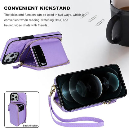 Bocasal Crossbody Wallet Case for iPhone 12 Pro Max, RFID Blocking PU Leather Zipper Handbag Purse Flip Cover, Kickstand Folio Case with Card Slots Holder Wrist Strap Lanyard 5G 6.7 Inch (Purple)