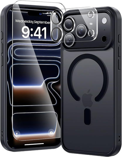 3 in 1 for iPhone 17 Pro Case Matte Black,Fits MagSafe, Screen Protector*1 Camera Lens Protector*1,Matte Skin Feeling Back, Cover Military-Grade Protection