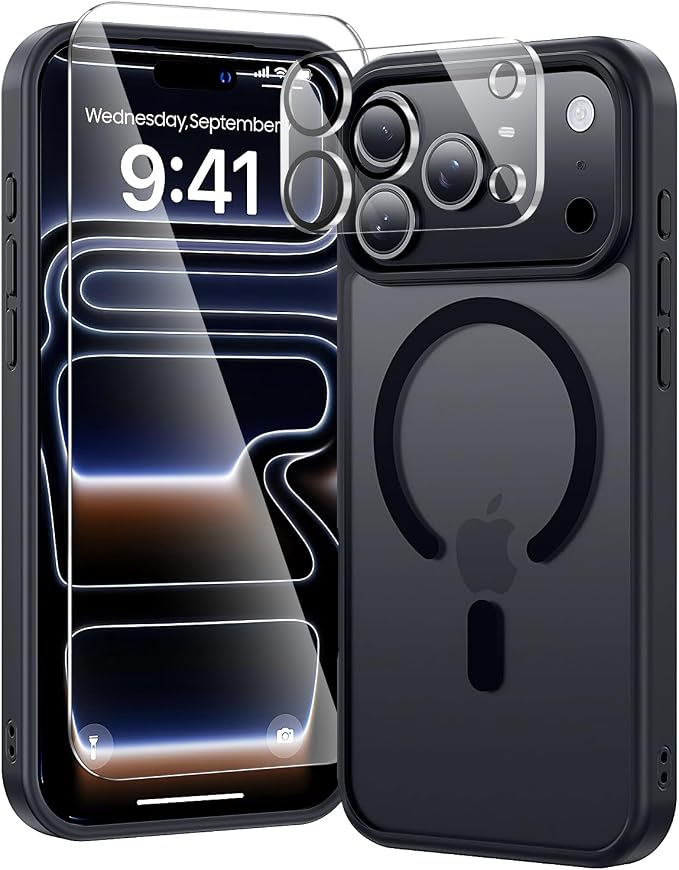 3 in 1 for iPhone 17 Pro Max Case Matte Black,Fits MagSafe, Screen Protector*1 Camera Lens Protector*1,Matte Skin Feeling Back, Cover Military-Grade Protection