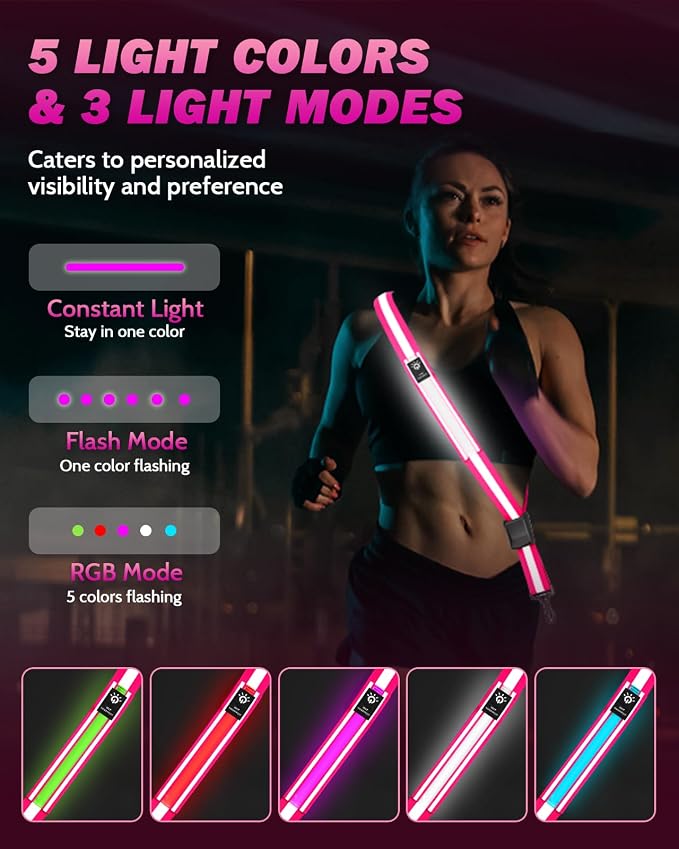 Fitense LED Reflective Belt Sash - 5 Lights Colors & 3 Light Modes High Visibility Night Safety Belt, Rechargeable Light Up Running Gear Adjustable Vest Straps for Runners Walkers Men Women