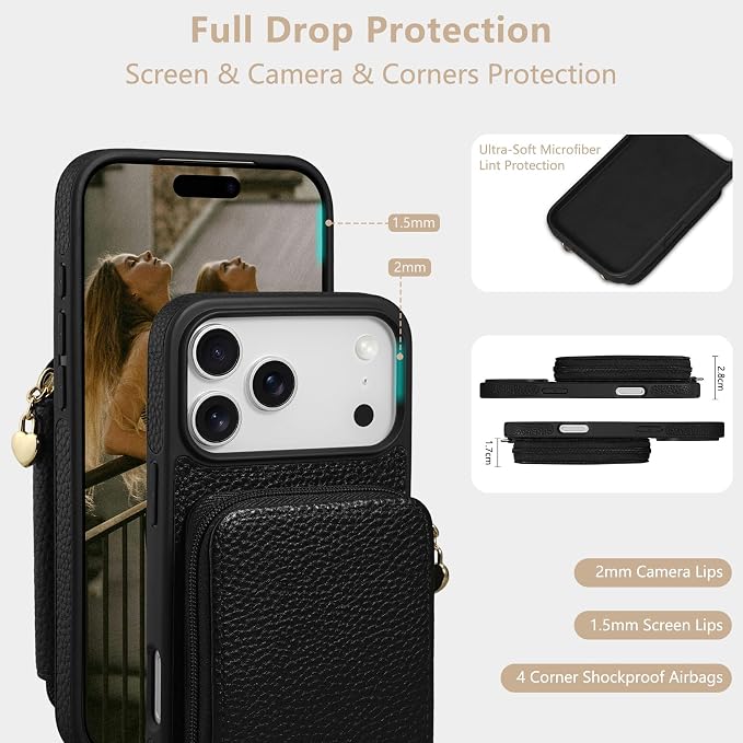 Keallce Case for iPhone 17 Pro Max 6.9'' Case Wallet, Crossbody Zipper Purse with RFID Blocking Card Slots Kickstand, Lanyard & Handstrap Flip Folio Leather Phone Cover for iPhone 17 Pro Max, Black