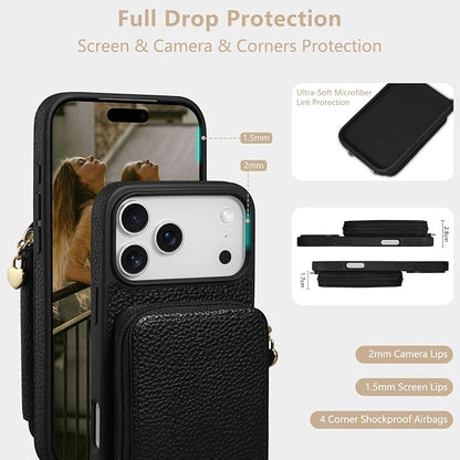 Keallce Case for iPhone 17 Pro Max 6.9'' Case Wallet, Crossbody Zipper Purse with RFID Blocking Card Slots Kickstand, Lanyard & Handstrap Flip Folio Leather Phone Cover for iPhone 17 Pro Max, Black