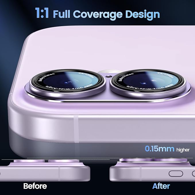 CACOE Camera Lens Protector for iPhone 16/16 Plus/17 - Metal Frame Tempered Glass Cover, [Anti-Scratch] [Drop-Proof][Strong-Adhesion] Camera Screen Cover(Purple)