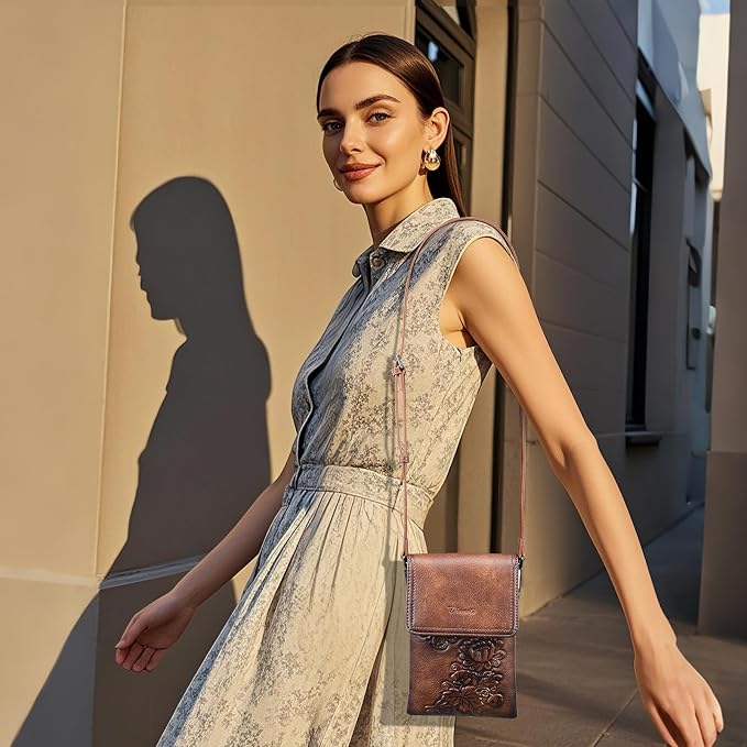 Small Crossbody Bags for Women Trendy Vegan Leather Cell Phone Bag Embossed Flower Design Wallet Purses with Strap