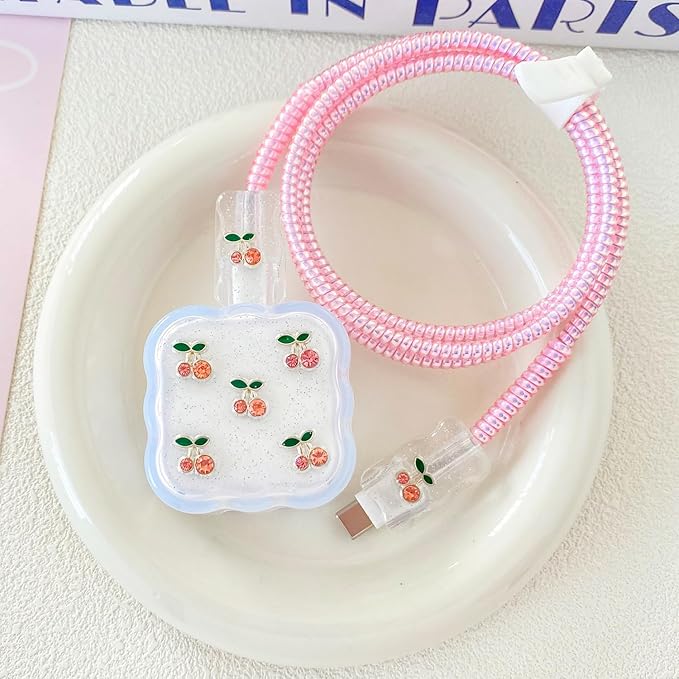 Charger Cover Set, Compatible with Apple 40W Dynamic Power Adapter (with 60W Max), Cute Wave-Shaped Flexible TPU Charger Case+ Exquisite Cable Protector for Charging Cables, Pink Cherry (5in1)