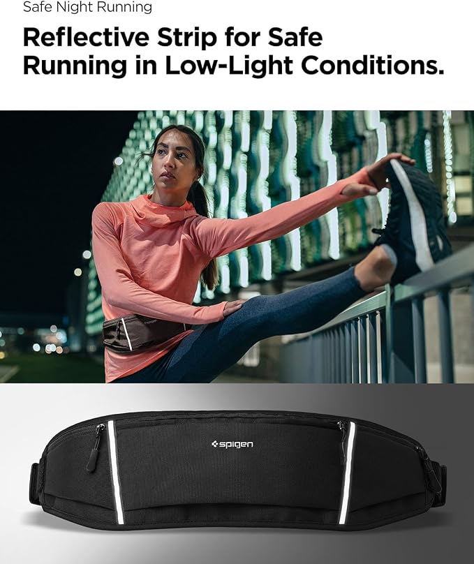 Spigen Life A710 Dynamic Shield Slim Running Adjustable Waist Belt Fanny Pack for Men & Women, Phone Holder, Lightweight, Water Resistant, Reflective, Bounce-free for Running, Jogging, Sports - Black