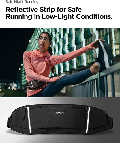 Spigen Life A710 Dynamic Shield Slim Running Adjustable Waist Belt Fanny Pack for Men & Women, Phone Holder, Lightweight, Water Resistant, Reflective, Bounce-free for Running, Jogging, Sports - Black