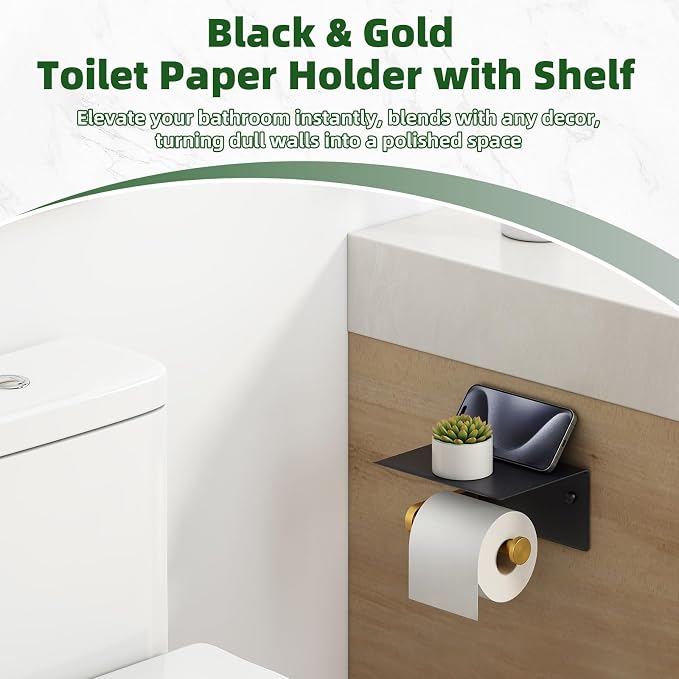 APLusee Black Gold Toilet Paper Holder with Phone Shelf, 304 Stainless Steel Bathroom Paper Holder Wall Mounted, Heavy Duty Tissue Roll Dispenser