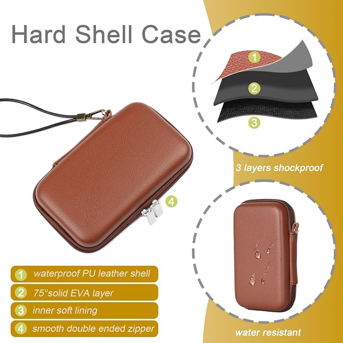 Portable Hard Shell Travel Organizer Case, Waterproof Shockproof Electronics Carrying Case for Tech Gadgets, 7.1x3.9 inch Brown, Purse-Friendly for Everyday Carry & On-the-Go (Case Only)