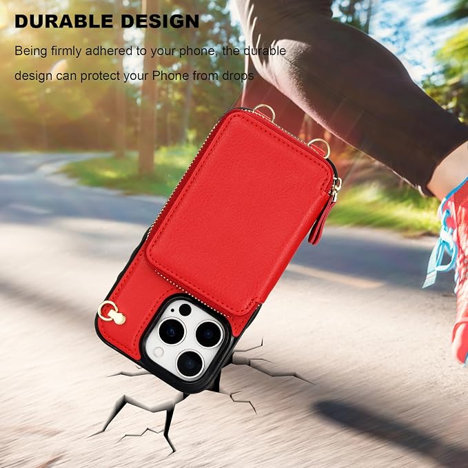 Bocasal Crossbody Wallet Case for iPhone 16 Pro, RFID Blocking Leather Purse Case with Card Holder, Protective Handbag Flip Cover with Zipper Wrist Strap Lanyard for Women 5G 6.3 Inch (Red)