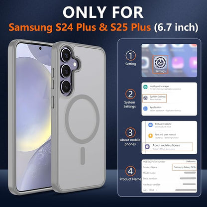 For Samsung Galaxy S24 Plus Case & S25 Plus Case [Compatible with Magsafe] Translucent Matte Magnetic,Slim Thin Duty Shockproof with 2pc Screen Protector Protection Case for S24 Plus/S25 Plus-Gray