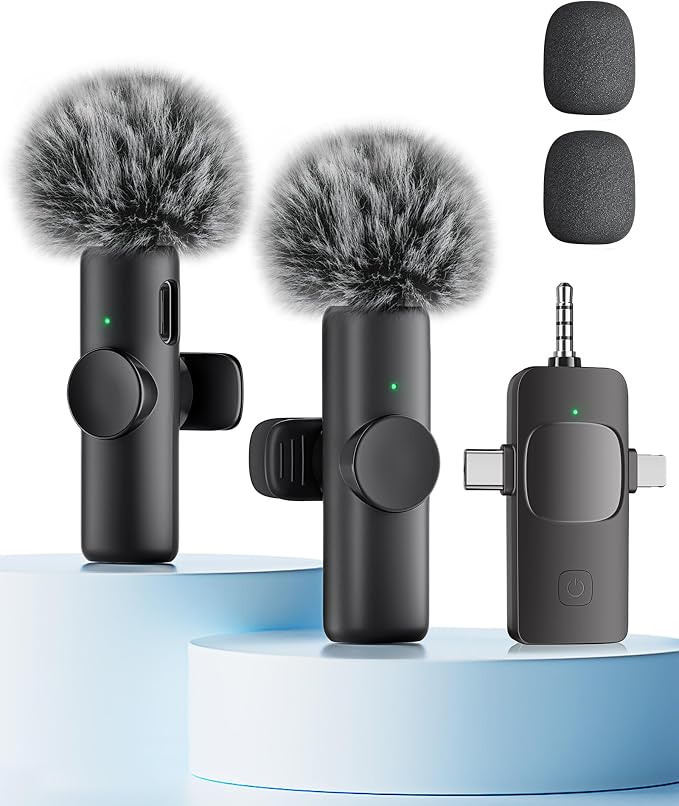Wireless Microphone for iPhone iPad Android Phone and Camera, 2 Pack Wireless Lavalier Lapel Mic with Noise Reduction, 3 in 1 Mini Microphone for Video Recording Interview Podcast YouTube TikTok Vlog
