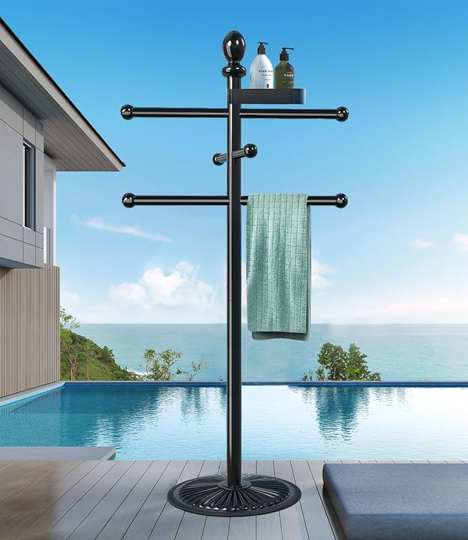 Pool Outdoor Towel Rack, 6 Bars with Top Tray Metal Heavy Duty Pool Accessories with Heavy Metal Base, Hot Tub Accessories Towel Dying Rack Towel Stand for Pool, Hot Tub etc