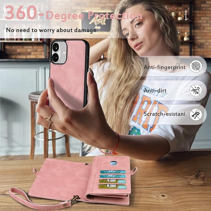 for Wallet Case Compatible with iPhone 16,Multi-Function Detachable 2 in 1 Magnetic iPhone 16 Case Wallet,Flip Strap Zipper Card Holder Phone Case with Shoulder Straps (Pink)