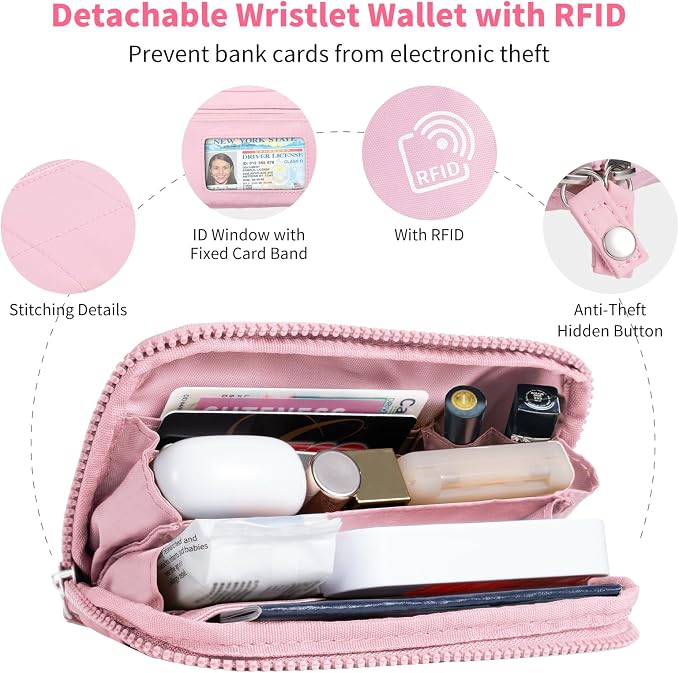Tiostep Clip and Go Strap for Phone with Wallet Crossbody Phone Lanyard with Anti-Theft Zipper Pouch Detachable Quilted Wrist Wallet with RFID and ID Window for Daily Travel. Pink Large