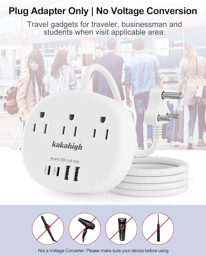 India to US Plug Adapter, India Extension Cord 3FT | India Plug Adapter with 3 USA Outlets 4 USB Ports, Type D Travel Adapter for India Bangladesh Maldives Nepal Pakistan