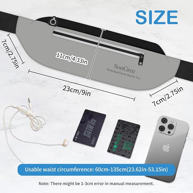 SooGree Running Waist Pack for Men Women, Lightweight Waterproof Sports Belt Bag, Phone Running Pouch, Night Reflective Fitness Storage Bag for Running Cycling Hiking Traveling (Black/Gray)