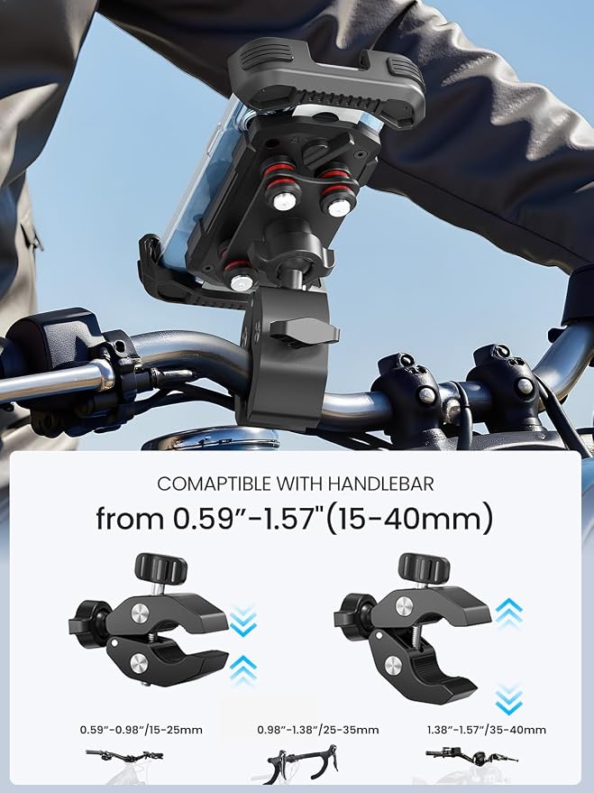 tounee Motorcycle Phone Holder Mount -Dual Vibration Dampener, Tool-Free Bike Phone Holder Handlebar Clip & Secure Lock for iPhone 16/15 Pro Max, 4.7-6.7" Phones - Black