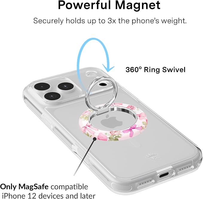VELVET CAVIAR Compatible with MagSafe Phone Grip 2.0 | Cute Magnetic Ring Holder | Finger Loop Kickstand | Pop On Accessory for iPhone 17, 16, 15, 14, 13, 12 | Posie Pink Bow