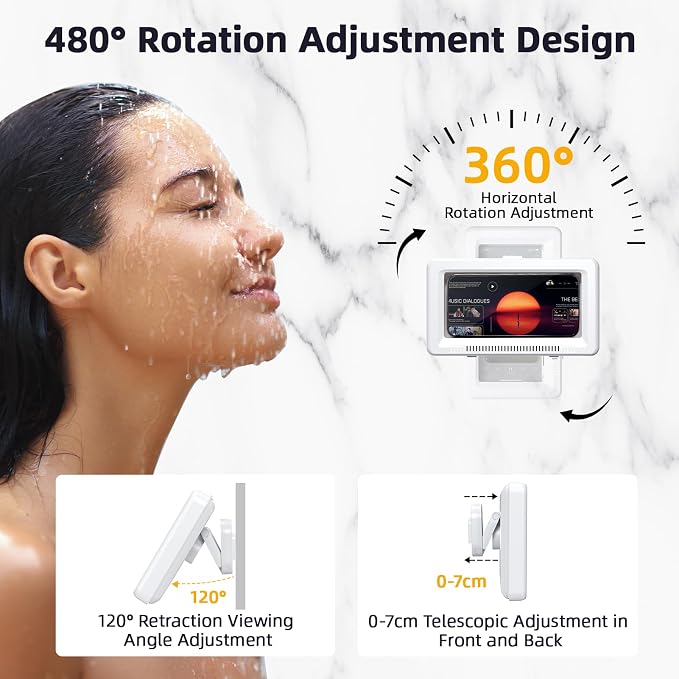 Shower Phone Holder Waterproof, Phone Holder for Shower with Touch Screen 360° Rotatable Retractable 60° Opening Angle Wall Mounted Waterproof Phone Case