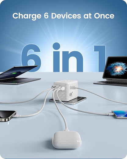 LENCENT 65W International Travel Adapter, Universal Travel Adapter | with 2 USB-A & 3 PD Type C Power Outlet, Fast Charging for Phone,Laptops, All-in-One Outlet Converter for USA/UK/EU/AUS-White
