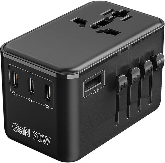 Universal Travel Adapter 70W GaN - International Power Adapter 3 USB C 1 USB A, Worldwide Travel Essentials, European Travel Plug Adapter for Laptop, Phone, Type C/G/D/I/A