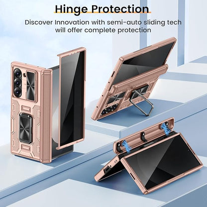 VEGO for Galaxy Z Fold 6 Case with Stand Full-Body Protective | Built-in Screen Protector [Anti-Peeping] & Slide Lens Cover & Hinge Protection & Stand Phone Case for Z Fold 6 2024-Rose Gold