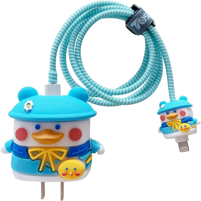 3D Cute Cartoon Charger Protector Case - Compatible for Apple 20W USB-C Power Adapter and Lightning Cable (Hat Duck)