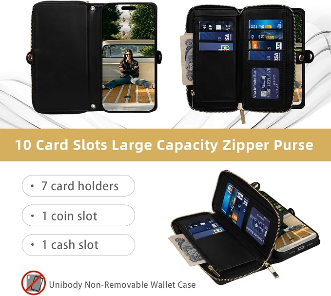 Rssviss Crossbody Case for iPhone 17 Pro Max Case Wallet, RFID Blocking Leather with Card Holder Kickstand, Handbag Zipper Flip Cover with Wrist Strap for iPhone 17 Pro Max Men Women 6.9", Black