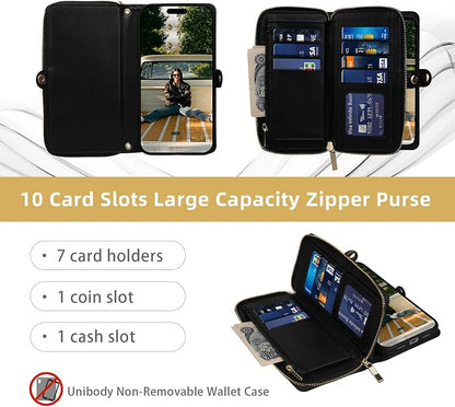 Rssviss Crossbody Case for iPhone 17 Pro Max Case Wallet, RFID Blocking Leather with Card Holder Kickstand, Handbag Zipper Flip Cover with Wrist Strap for iPhone 17 Pro Max Men Women 6.9", Black
