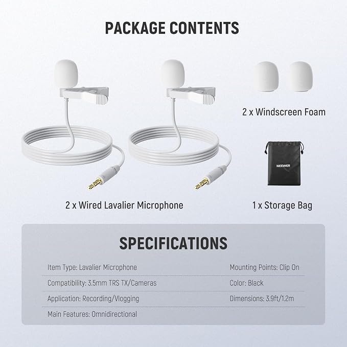 NEEWER 2 Pack Lavalier Lapel Microphone Compatible with Rode Wireless GO II 2 DJI Wireless Mic Transmitter, Omnidirectional Condenser Wired Clip On Lav Mic for Stage YouTube Live Streaming, CM5, White