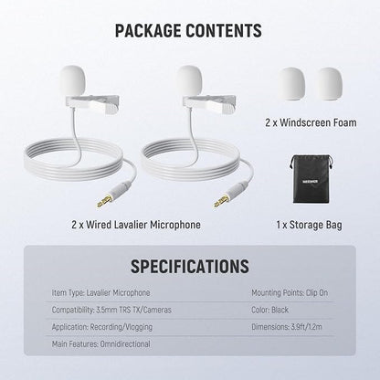NEEWER 2 Pack Lavalier Lapel Microphone Compatible with Rode Wireless GO II 2 DJI Wireless Mic Transmitter, Omnidirectional Condenser Wired Clip On Lav Mic for Stage YouTube Live Streaming, CM5, White
