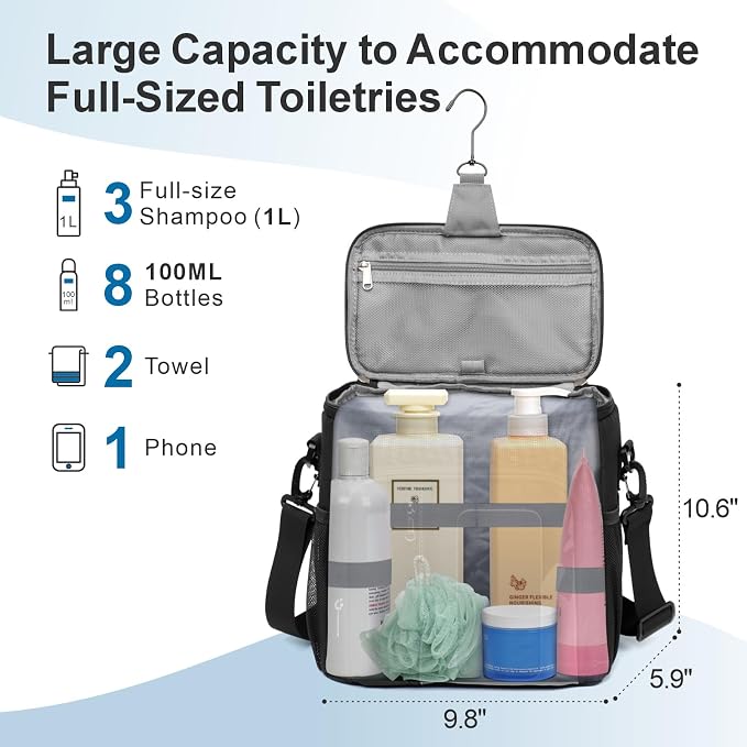 F-color Crossbody Shower Caddy with Phone Holder - Hands-Free Portable Toiletry Bag Fits Full-Size Bottles, Quick Dry Mesh Hanging Tote for College Dorm Essentials, Camping, Gym, Travel, Large, Black