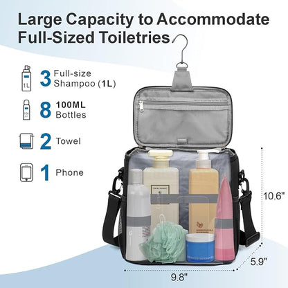 F-color Crossbody Shower Caddy with Phone Holder - Hands-Free Portable Toiletry Bag Fits Full-Size Bottles, Quick Dry Mesh Hanging Tote for College Dorm Essentials, Camping, Gym, Travel, Large, Black