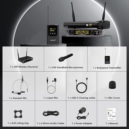 UHF Wireless Microphone System Set: Metal Cordless Handheld/Headset/Lavalier Lapel Mics, Bodypack Transmitter, Receiver - 2*15 Channels 200ft Range for Church, Karaoke Singing, DJ, Wedding, Speech