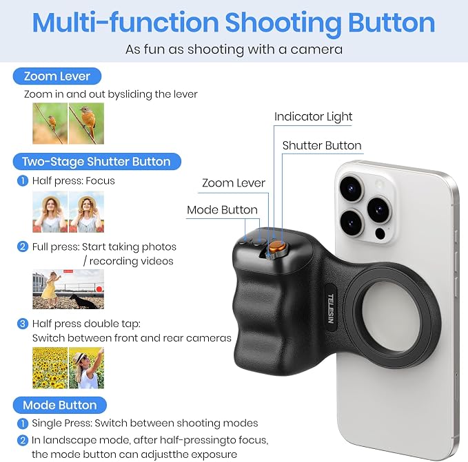 Magnetic Phone Camera Grip, Smartphone Shooting Holder Selfie Handle Snap with Wireless Shutter Button Remote for iPhone 16 15 14 13 12 Pro Max Android Cellphone Vlog Video Photography (Black)