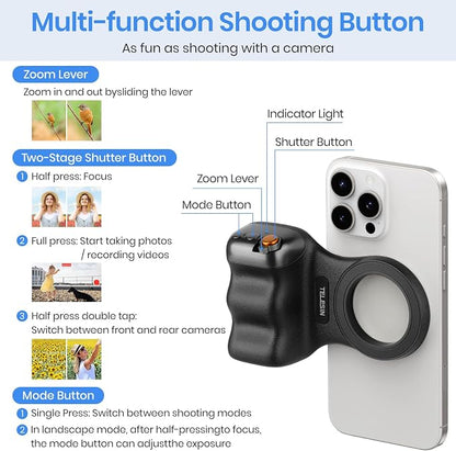 Magnetic Phone Camera Grip, Smartphone Shooting Holder Selfie Handle Snap with Wireless Shutter Button Remote for iPhone 16 15 14 13 12 Pro Max Android Cellphone Vlog Video Photography (Black)
