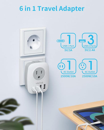 2 Pack Type E/F Plug Adapter, VINTAR Schuko Germany France Adapter Plug,South Korea Outlet Adapter with 1 USB C,3 USB Ports and 2 Outlets, US to EU Spain Iceland Greece Paris German French Korea