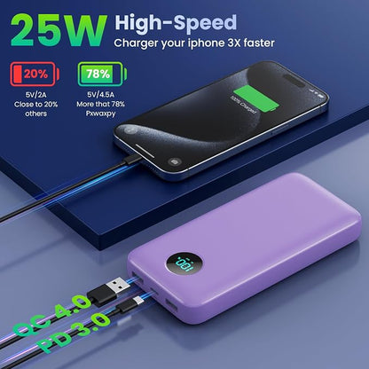 Portable Charger 40800mAh Power Bank with Built-in Cables,PD 25W USB C in&Out Power Bank Fast Phone Charging,QC4.0 5 Output Travel Camping Essential Battery Pack for iPhone 17/16,Samsung etc-Purple