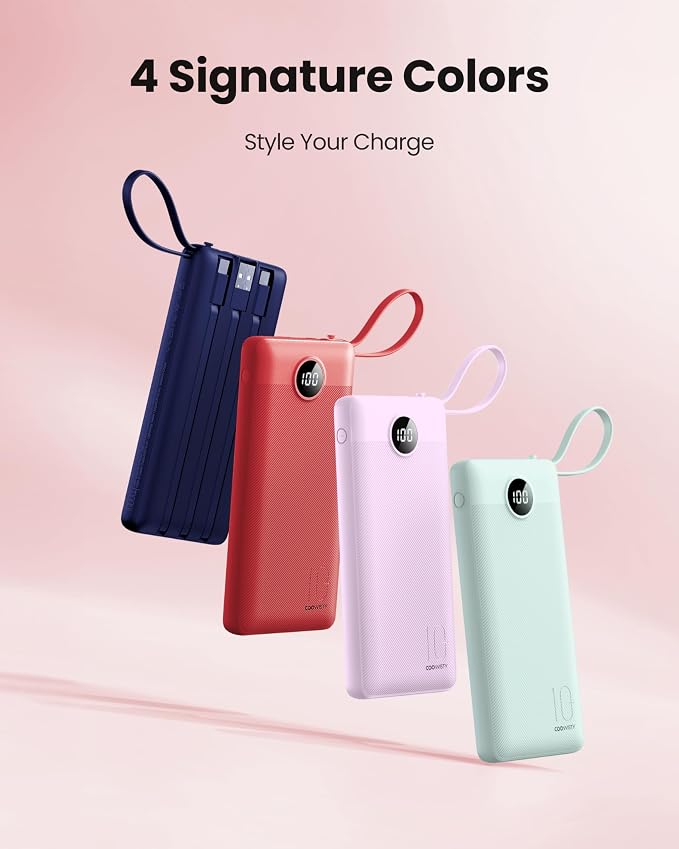 Portable Charger Power Bank, External Battery Pack with Cords Wires, Light 10000mAh Travel Essentials Battery Bank 5 Outputs 2 Inputs LED Display Compatible with iPhone/Android &More(Magenta)