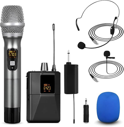 Pyle UHF Wireless Microphone System Kit - Portable Professional Cordless Microphone Set Wireless Mic - Headset, Lavalier, Beltpack Transmitter, Receiver - Karaoke, Conference PDWMU114, Black