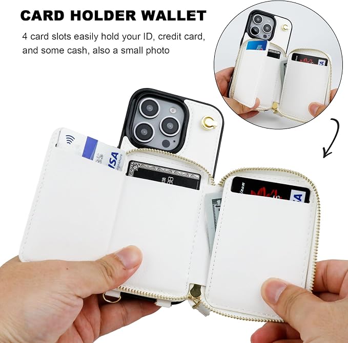 Bocasal for MagSafe Crossbody Wallet Case Compatible with iPhone 16 Pro, RFID Blocking Protective Purse Case with Card Slots Holder Kickstand Wrist Strap Lanyard Zipper 6.3 Inch 5G (White)