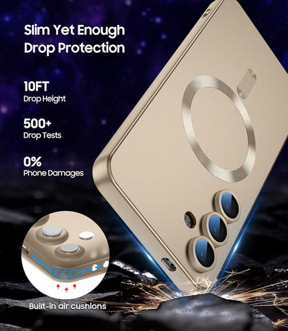 Magnetic for Samsung Galaxy S24 Case [Compatible with MagSafe][Built-in Camera Lens Protector] Slim Soft Silicone Bumper Shockproof Metallic Luster Phone Case (Gold)