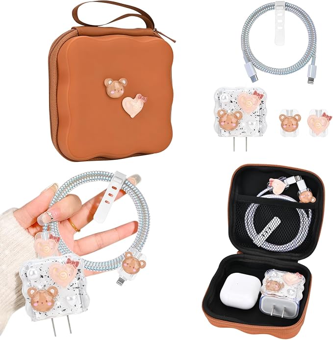 CameCosy Phone Charger Storage Case Cover Sets with Cable Protector for iPhone Charger, Brown Wave Travel Storage Bag, Wire Saver Cable Organizer Soft Cute DIY Cable Protector (Love Bear)