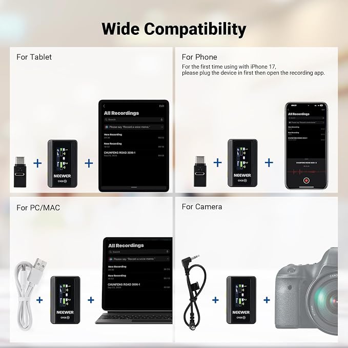 NEEWER CM28 (1 RX + 2 TX + Charging Case), Wireless Lavalier Microphone, Smart Noise Cancelling, 48KHz/16Bit 9 Hrs Uncompressed Recording, 656ft/200m Range, Lav Mic for iPhone, Android, Camera