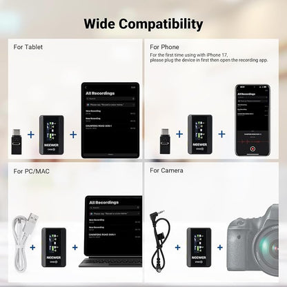 NEEWER CM28 (1 RX + 2 TX + Charging Case), Wireless Lavalier Microphone, Smart Noise Cancelling, 48KHz/16Bit 9 Hrs Uncompressed Recording, 656ft/200m Range, Lav Mic for iPhone, Android, Camera