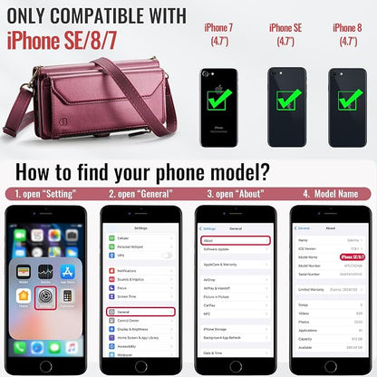 Strapurs Crossbody Wallet Case Compatible with iPhone SE/7/8 RFID Blocking 7-Card Holder Soft PU Leather Magnetic Snap Shoulder Strap Zipper Pocket Phone Cases Fit for iPhone SE 2020 2022 - Wine Red