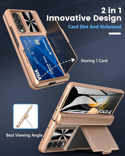 Viaotaily for Z Fold 4 Case with Card Slot Holder & Hinge Protection & Slide Camera Lens Cover & Screen Protector, Shockproof Protective Phone Case for Z Fold 4 5G 2022 (Rose Gold)