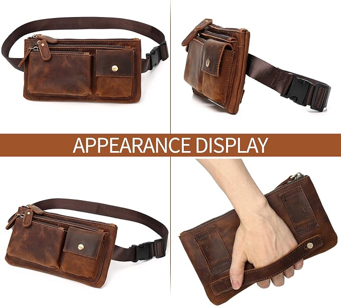 KPYWZER Vintage Leather Waist Bag Fanny Pack for Men Women Hip Bum Bag Belt Slim Cell Phone Purse Wallet Vintage Retro Crossbody Sling Pouch Deep Brown